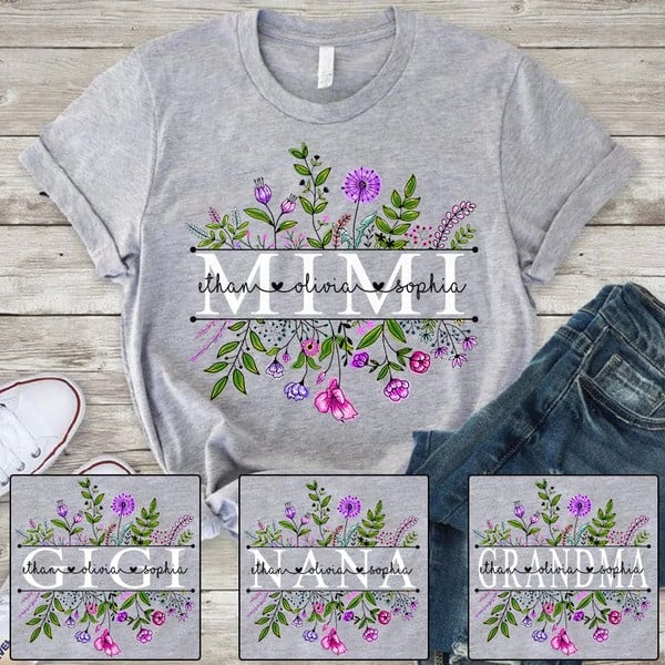 Wildflowers Mimi And Grandkids Watercolor T Shirt, Personalized Flower Mother’S Day Shirt