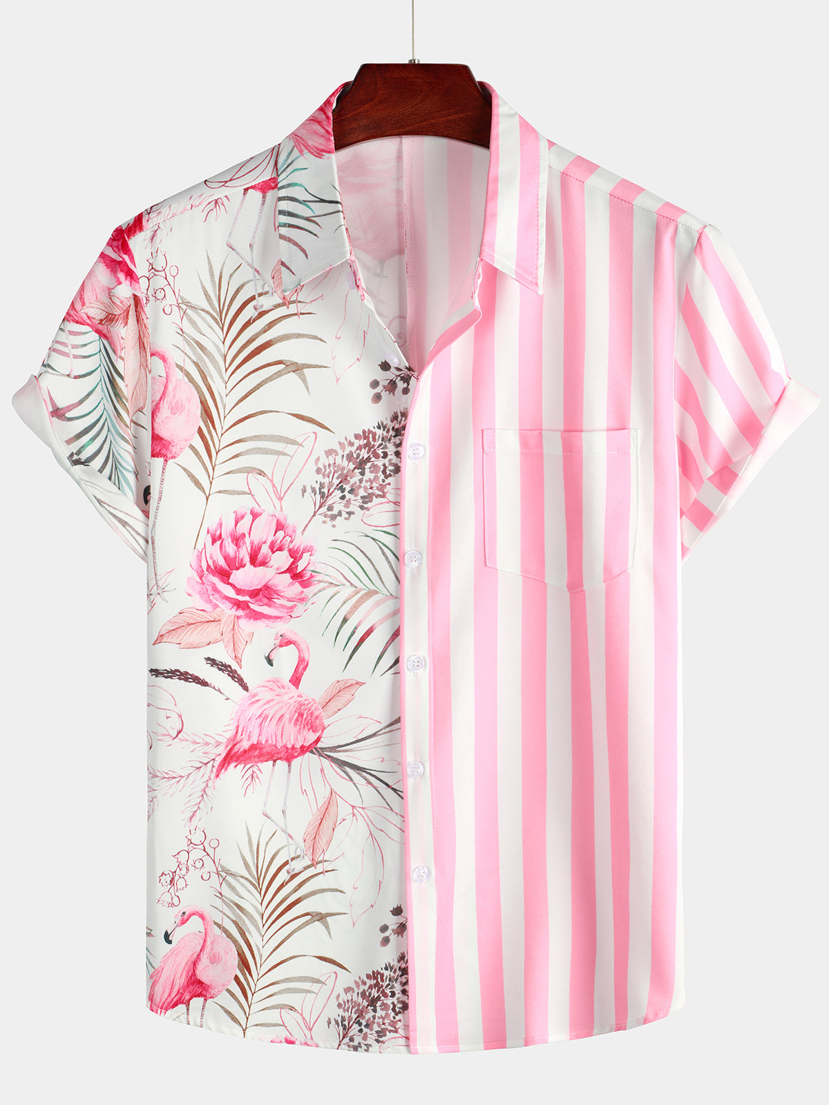 Holiday Flamingo Floral Print Pink Striped Short Sleeve Hawaii Shirt Ha105055