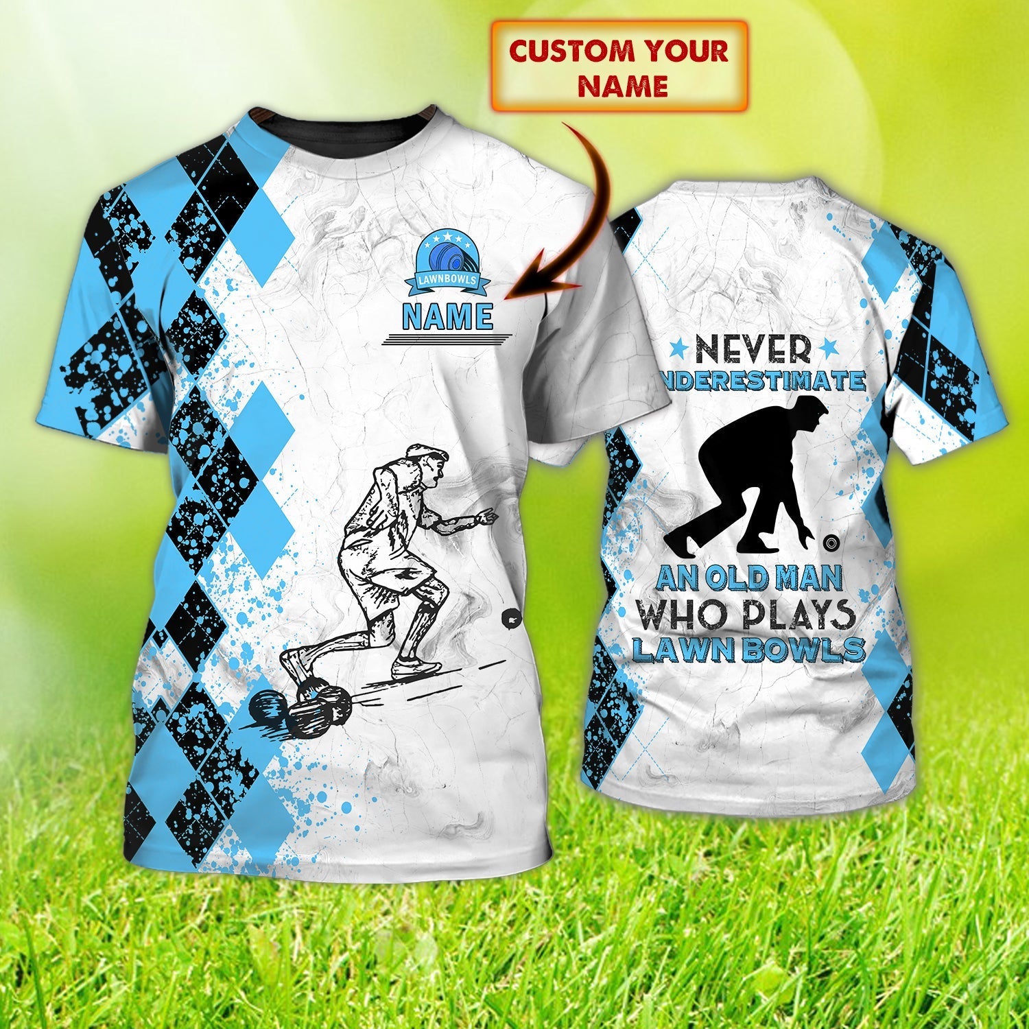 Custom Old Man Plays Lawn Bowls Light Blue 3D T Shirt Lawnbowl Team Player Uniform