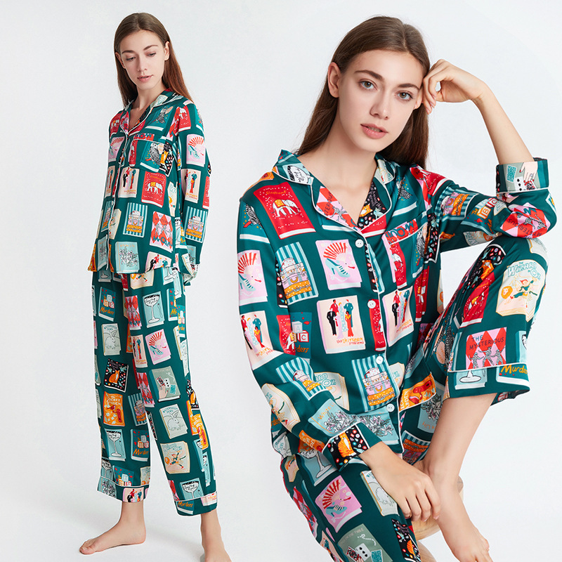 Spring Silk Pajamas for Women Satin Vintage Printed Sleepwear 2 Pieces Set Long Sleeve Loose Luxury Women’s Summer Home Suit New alx