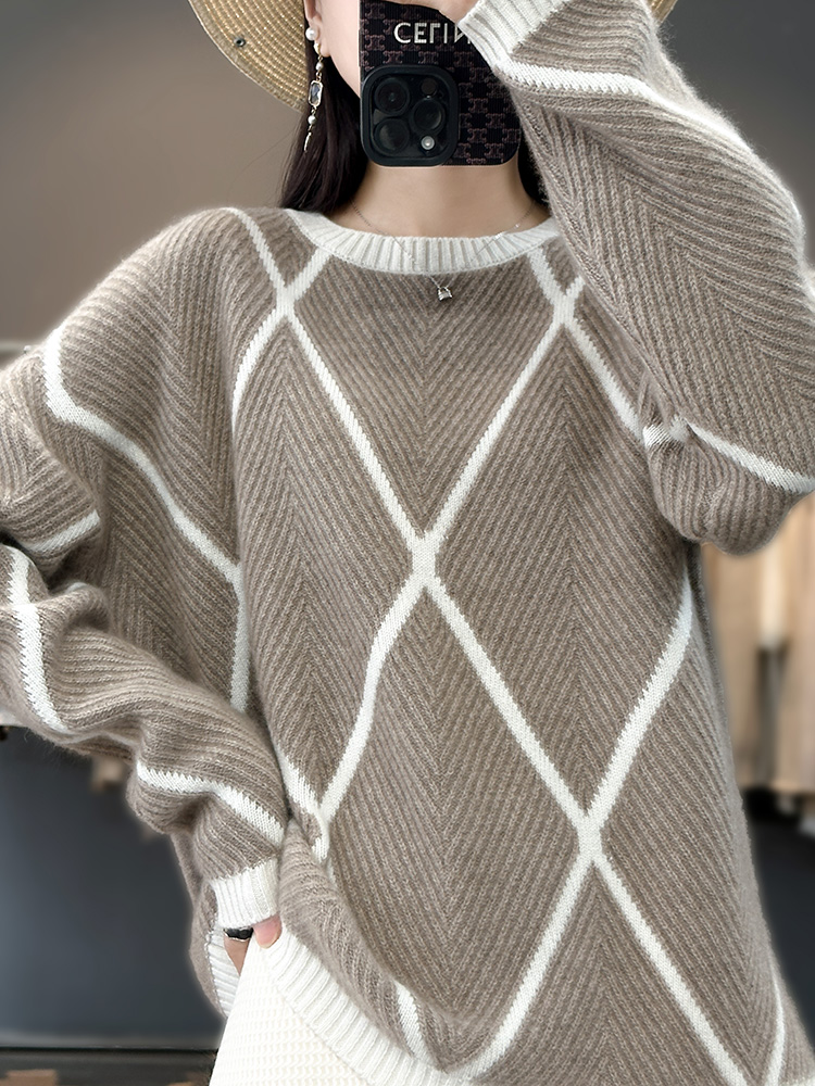 100% Pure Wool Sweater Women’s Autumn And Winter New Round Neck Color Matching Pullover Loose Fashion Cashmere Knitted Sweater alx