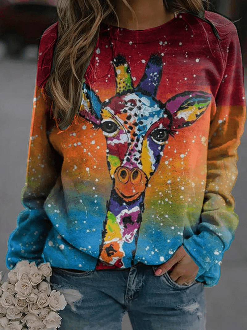 Women Colorful Giraffe Print Long Sleeve Sweatshirts