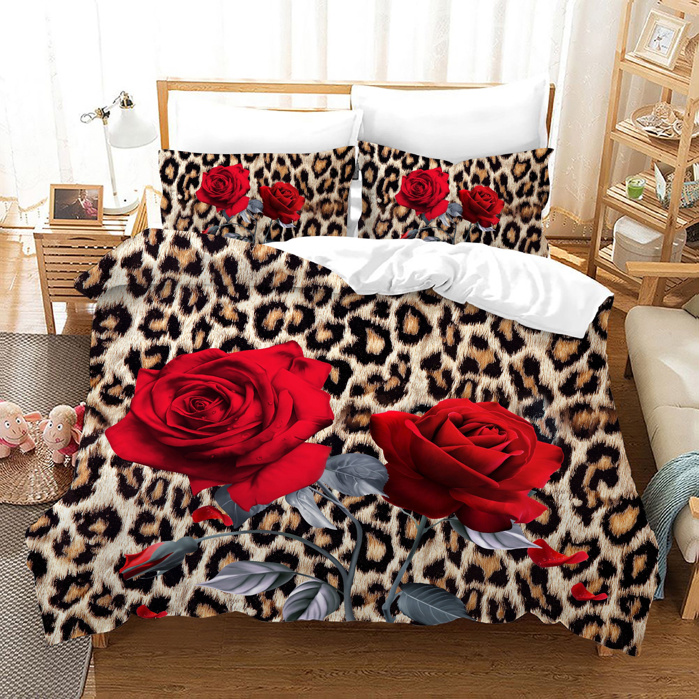 3D Leopard Print Red Rose Floral Quilt Cover Set Bedding Set Duvet Cover Pillowcases Jn 1125