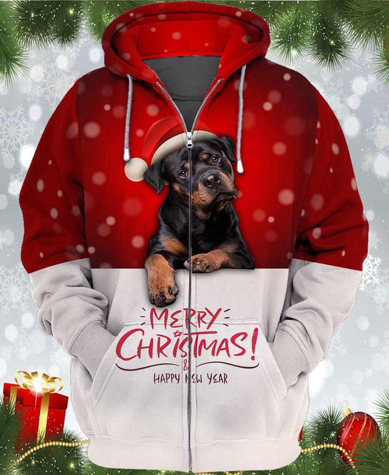 3D Rottweiler With Santa Hat Shirts Gift For Christmas Holiday 3D Zipper Hoodie