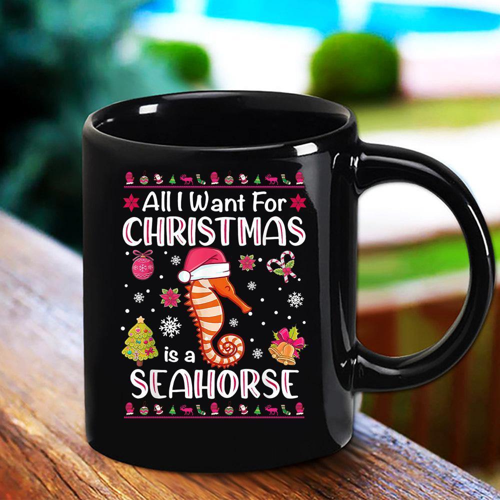 Seahorse All I Want Is A Seahorse For Christmas Santa Hat Candy Cane Ornament Black Mug