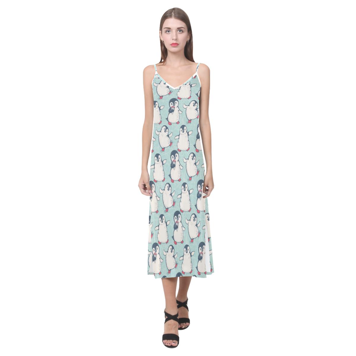 Cute Penguin pattern V-Neck Open Fork Long Dress