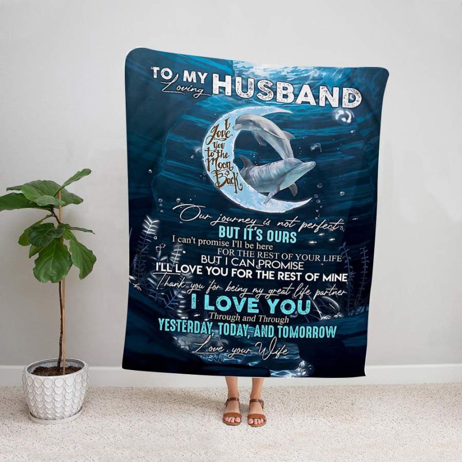 Dolphin couple wife o my loving husband i love you to the moon & back ocean night fleece blanket/ sherpa blanket