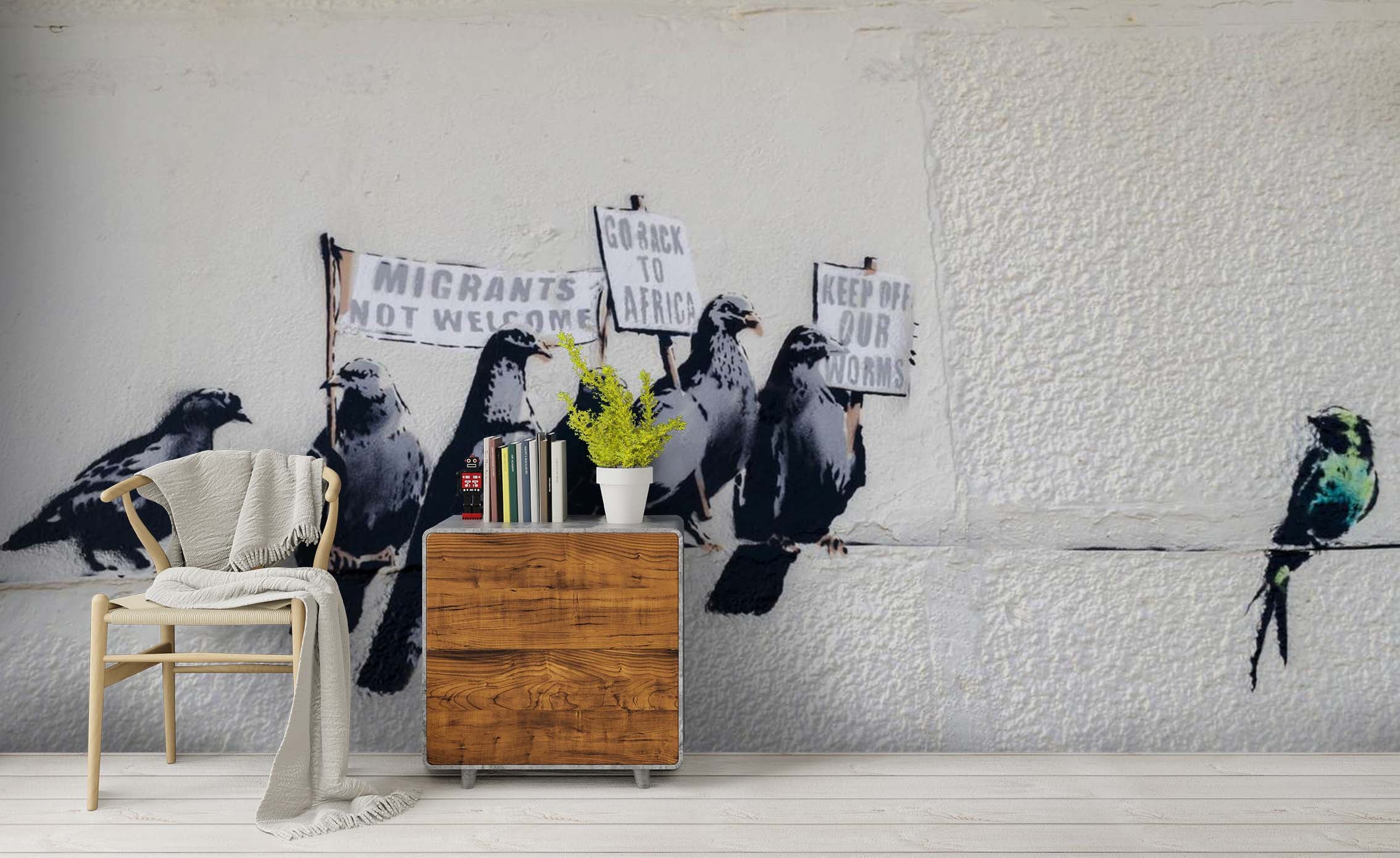 3D Banksy Animal Black White Pigeon Color Parrot Wall Mural Wallpaper Zy D70