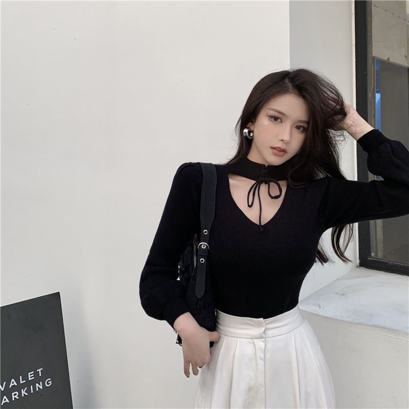 Winter Turtleneck Two-Way Bow Hollow-out Halter Long Sleeve Women’s Sweater Top Sweater alx