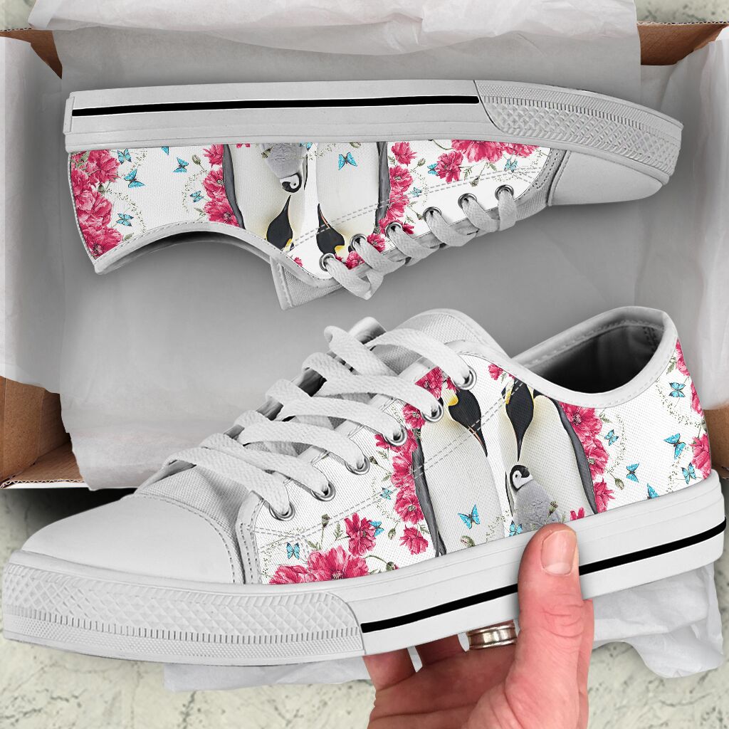 Penguin Flower And Butterfly Low Top Personalized Shoes Custom Name, Text For Women, Men