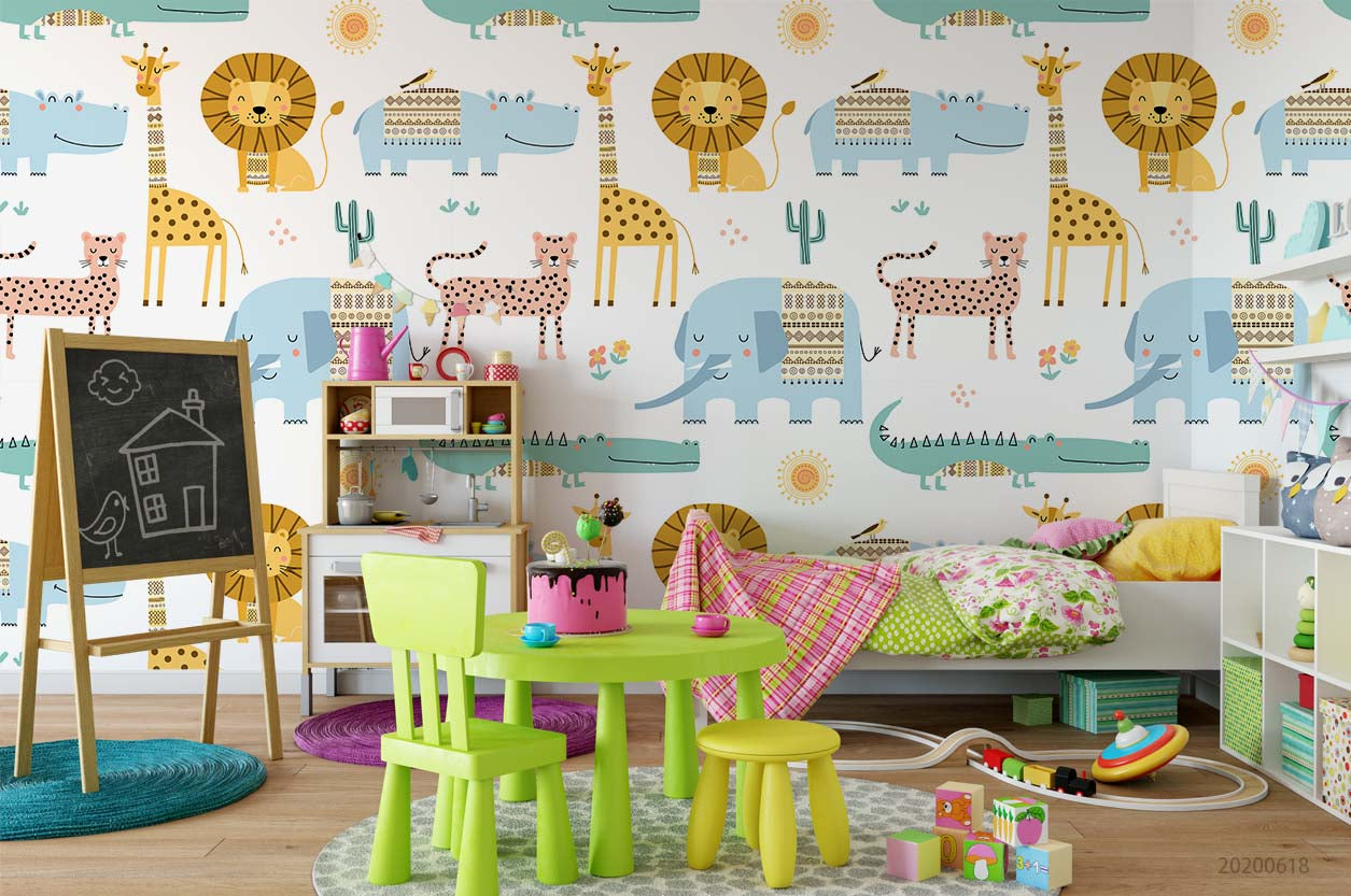 3D Cartoon Animal Giraffe Lion Elephant Wall Mural Wallpaper A157 Lqh