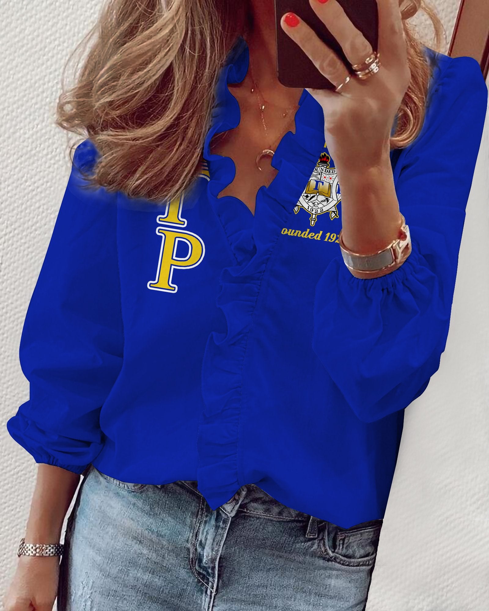Sigma Gamma Rho V-Neck Long Sleeve Lace Shirt 02