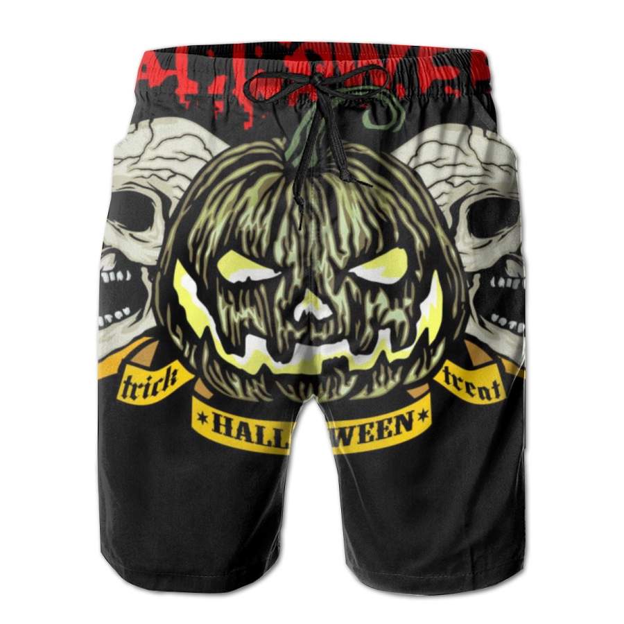 2 Pack Jack O Lantern Skulls Halloween Horizontal Poster Men Swim Trunks Drawstring Elastic Waist Quick Dry Beach Shorts with Mesh Lining Swimwear Bathing Suits