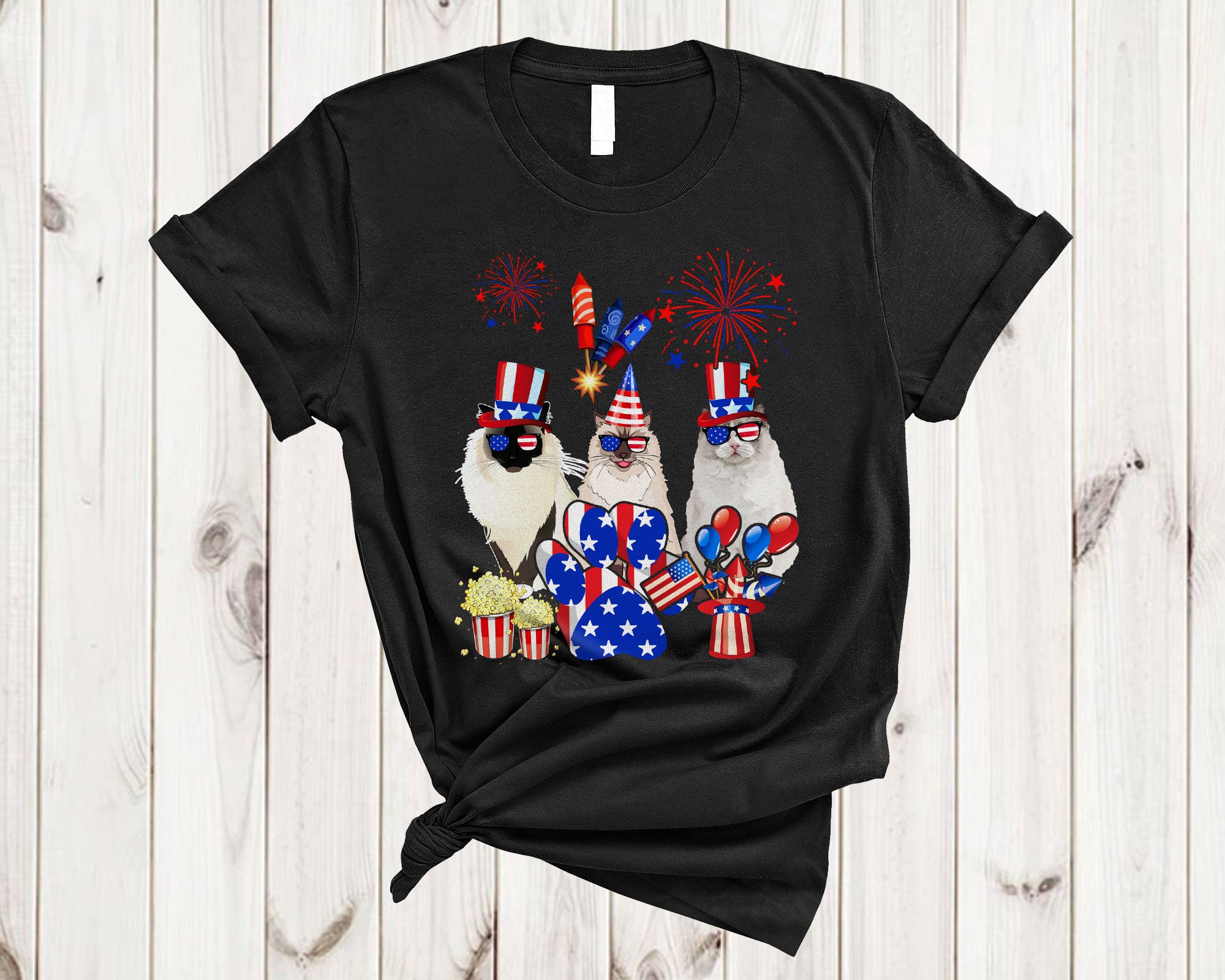 4Th Of July Cat Shirt American Flag Cat Funny Firework Patriotic Cat Kitten Lover Gifts T-Shirt