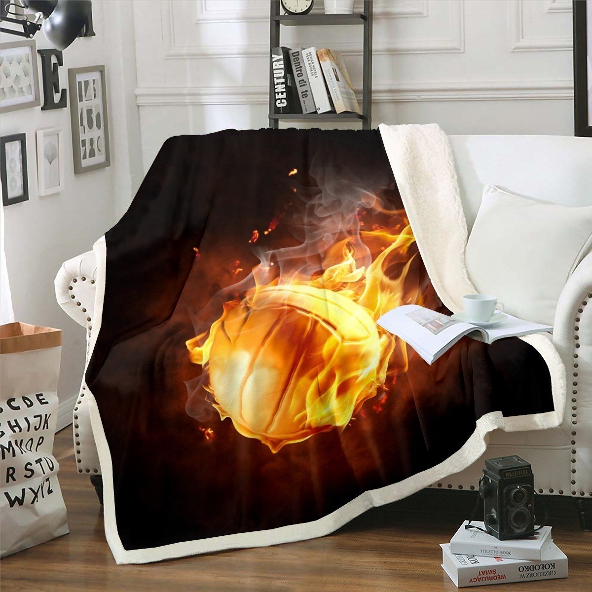 Volleyball Sherpa Blanket Sports Theme Throw Blanket 3D Burning Ball Pattern Fleece Blanket for Couch Bed Sofa Bedroom Decor Volleyball Games Fuzzy Blanket