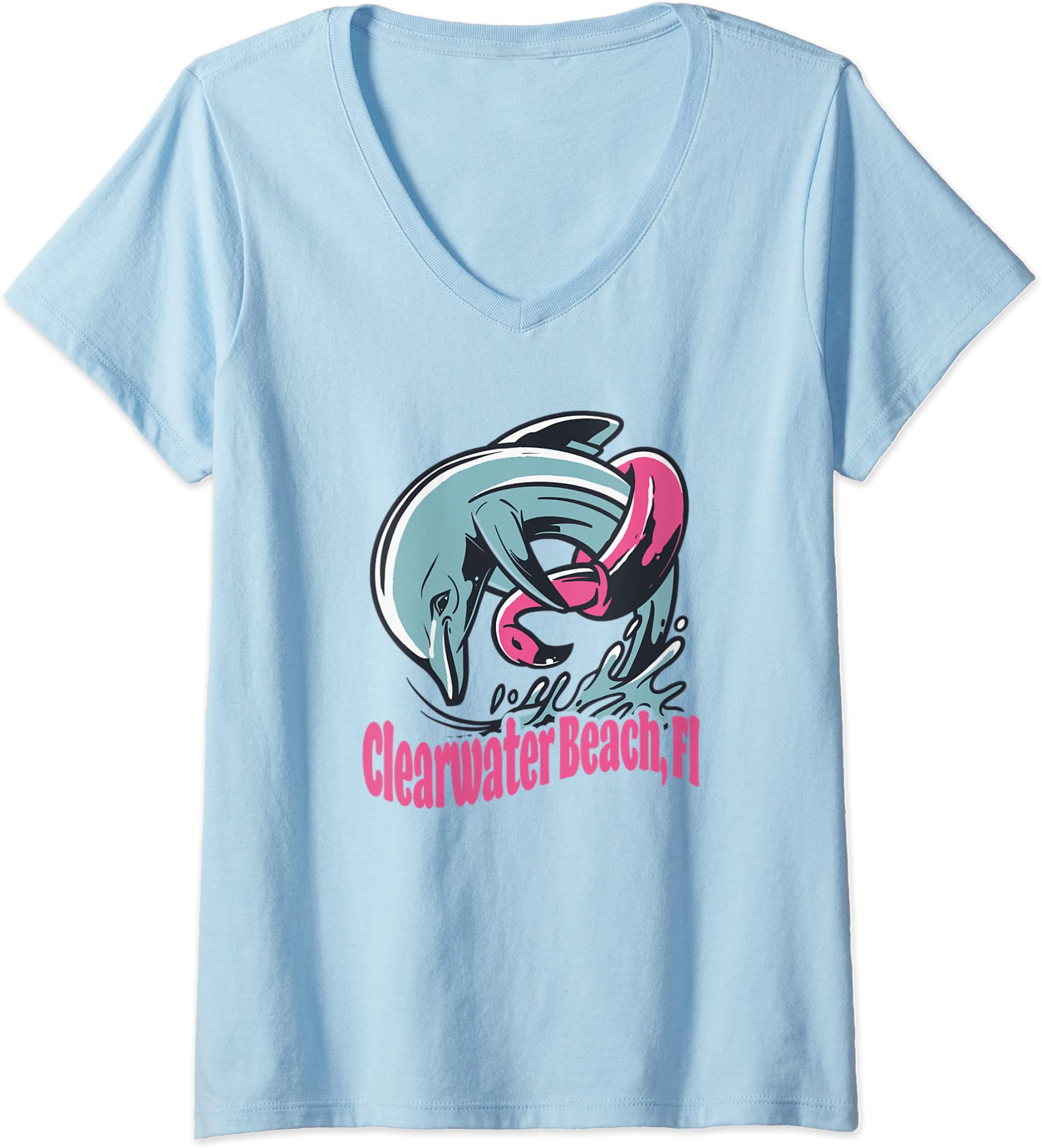 Womens Clearwater Beach Florida West Coast Beaches Dolphin V-Neck T-Shirt