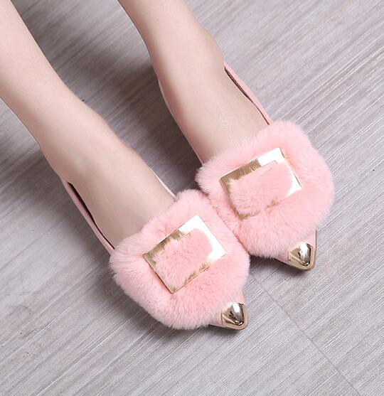 metal square buckle decoration shallow loafers rabbit hair ballet flat shoes