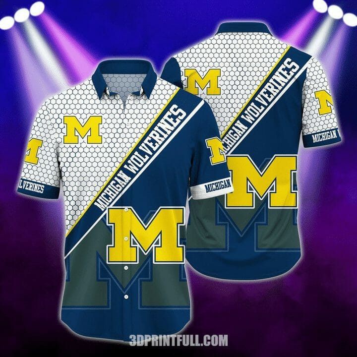 NCCA Michigan Wolverines Navy Blue White Hawaiian Shirt