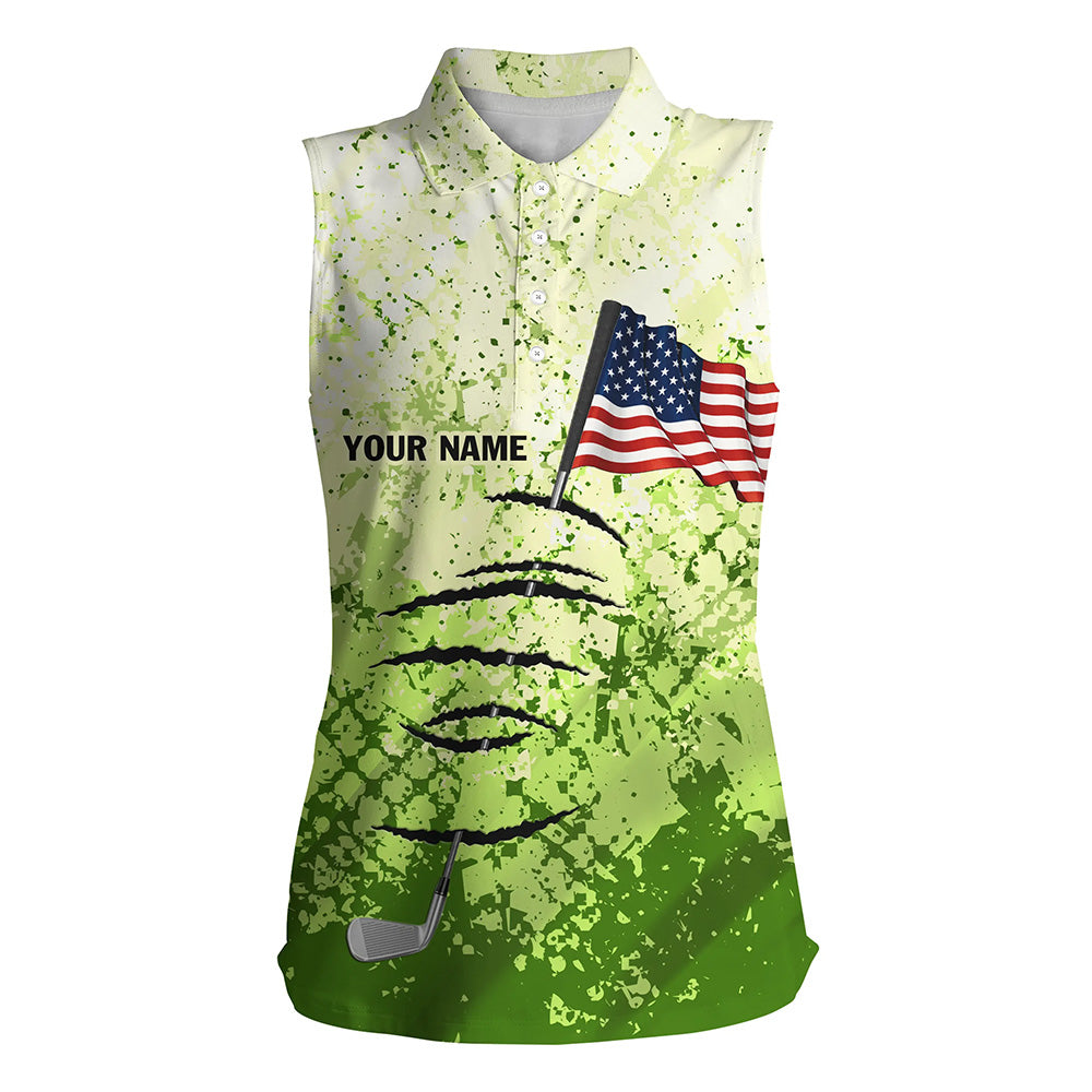 Personalized Green Camo Sleeveless Polo Shirt For Women American Flag 4Th July Custom Golfing Gifts