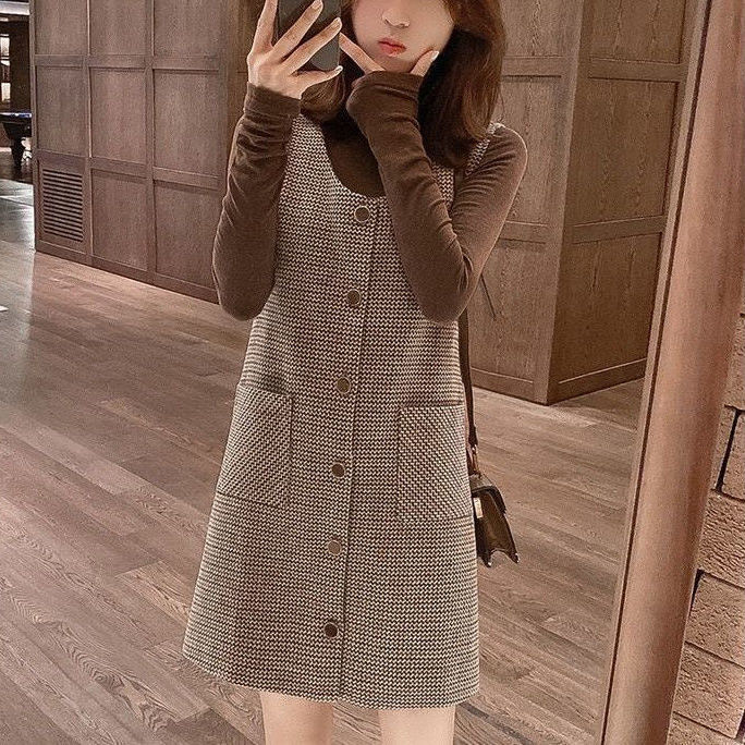 2021 Autumn Winter 2 Piece Set Women O-neck Solid Knitted Pullover Clothes and Casual Plaid Dress Outfits New Fashion Suit Z90 alx