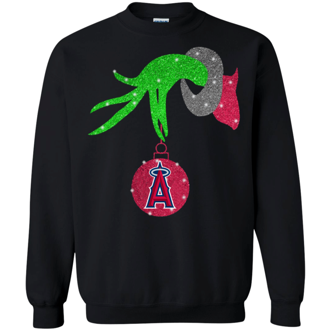 Find Grinch hand holding Los Angeles Angels Glitter Christmas shirt Sweatshirt