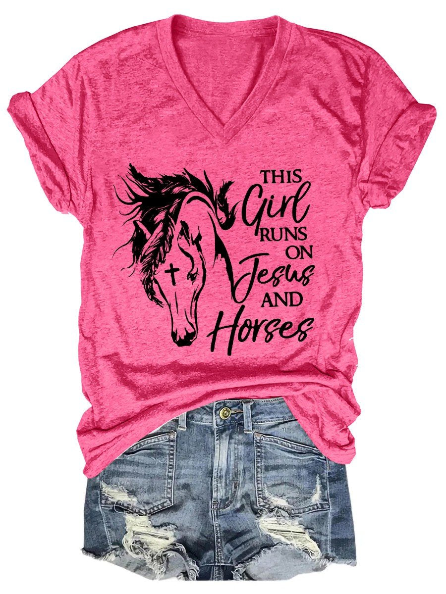 Women This Girl Runs On Jesus And Horses  V-Neck T-Shirt