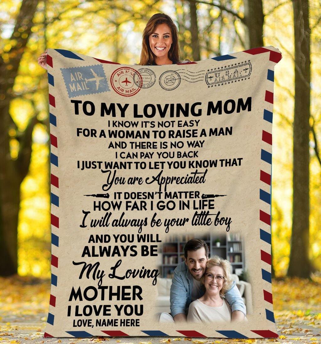 [Personalized Name & Photo] To My Mom Custom Photo Airmail – Gifts For Mom From Son Unique Gifts Ideas For Home Decor Gifts For Family – Fleece Blanket Sherpa Blanket