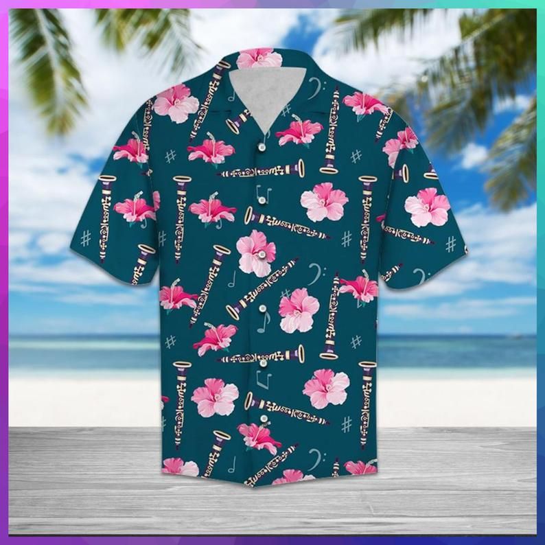 Flute Hibiscus Flower Blue Pink Nice Design Hawaii Shirt Ha5465