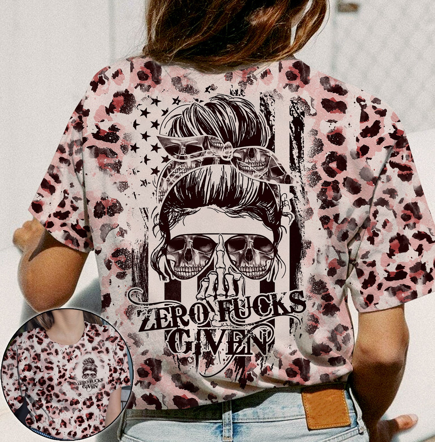 Zero Fks Given Leopard Flag Messy Bun All Over Print – Ty2109215