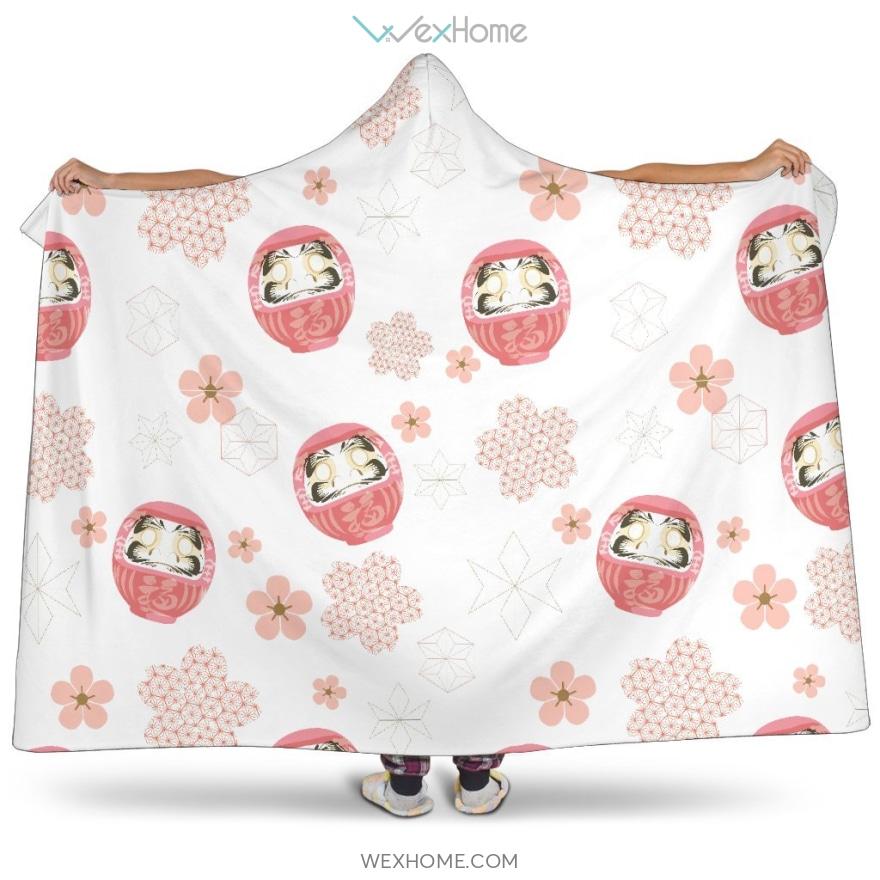 Daruma Japanese Wooden Doll Cherry Blossom Flower Pattern Hooded Blanket