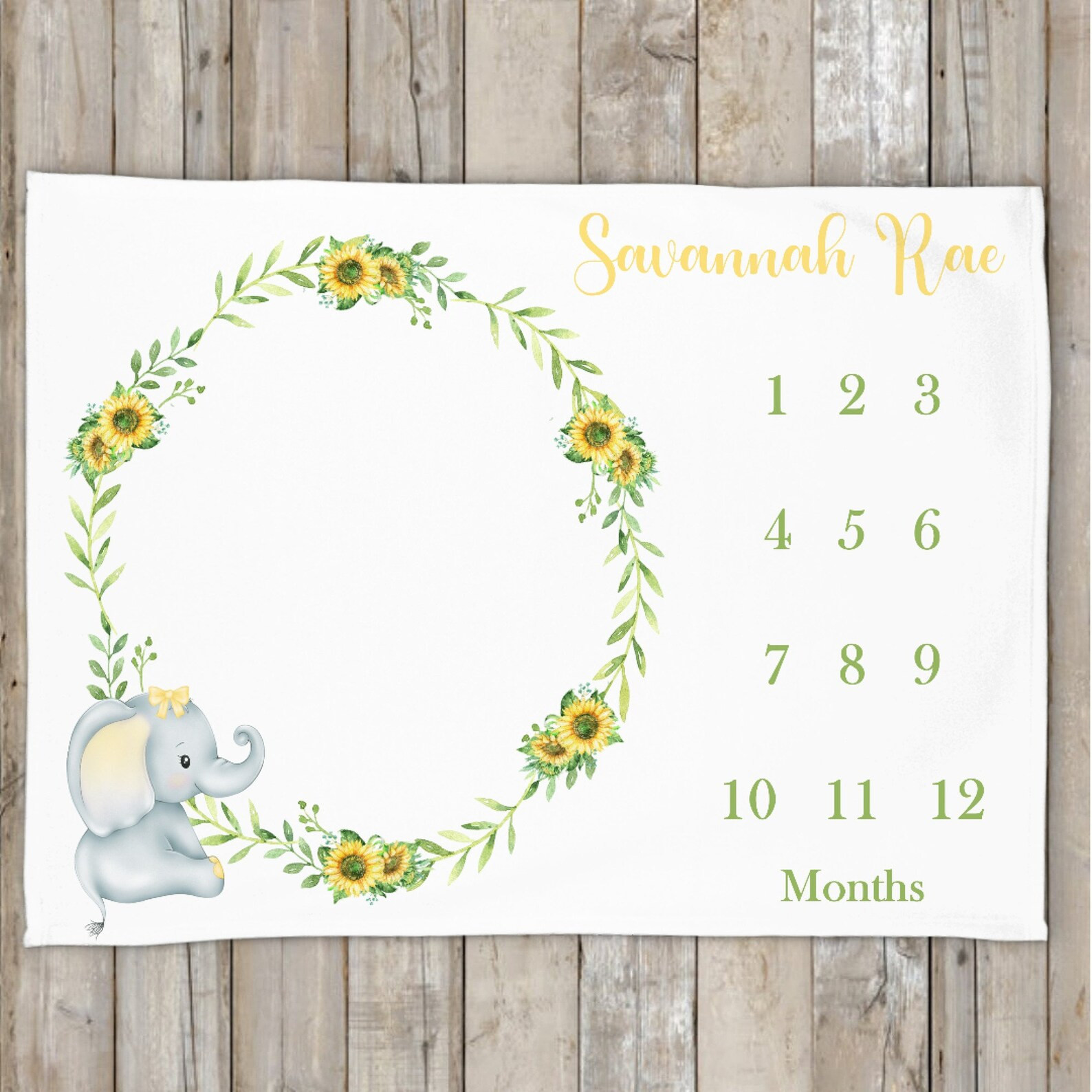 Personalized Sunflower & Elephant Monthly Milestone Blanket, Newborn Blanket, Baby Shower Gift Track Growth Keepsake