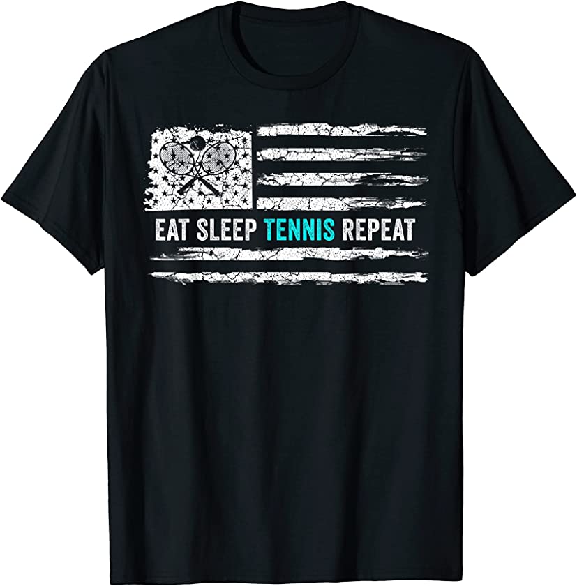 Vintage USA American Flag Eat Sleep Tennis Repeat Silhouette T-Shirt