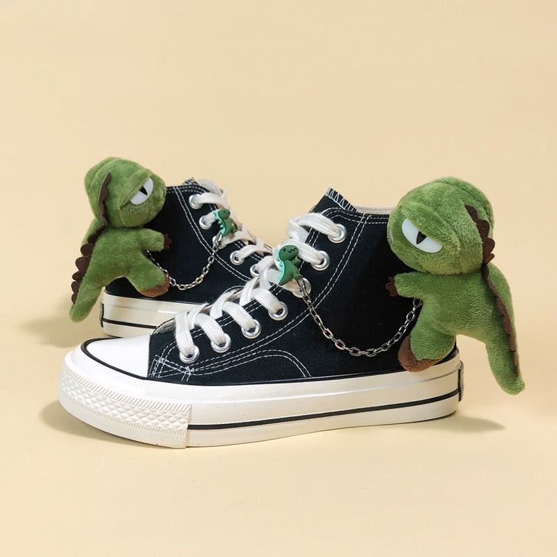 Little Dinosaur Plushie Black High Top Canvas Shoes – Women’S