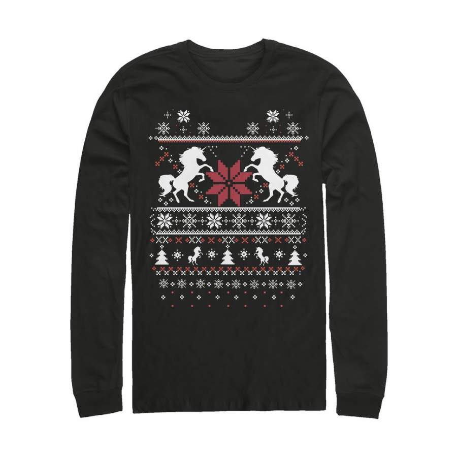 Lost Gods Men’s Ugly Christmas Unicorn  Long Sleeve Shirt Black