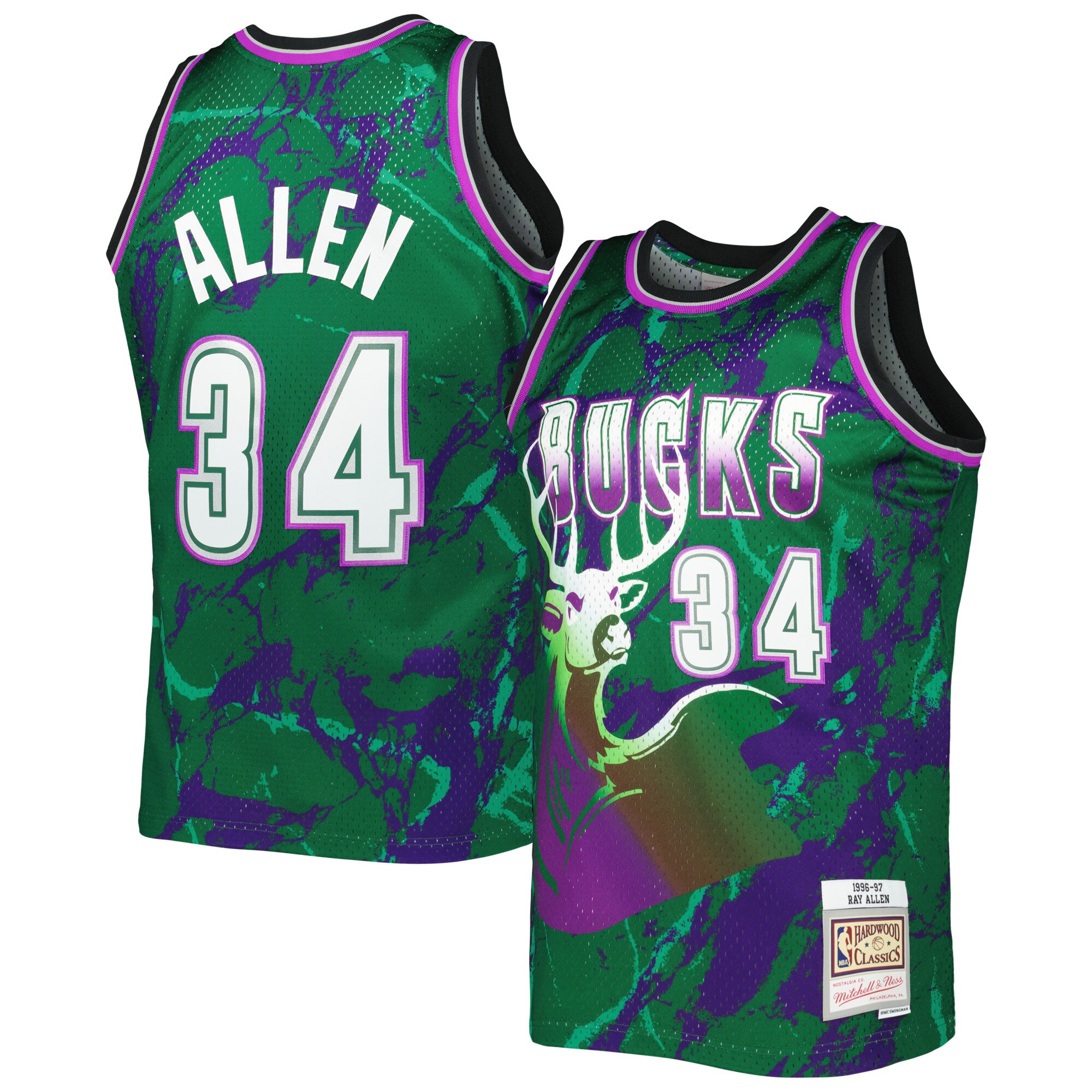 Ray Allen Milwaukee Bucks Mitchell & Ness 1996/97 Hardwood Classics Marble Swingman Jersey – Green