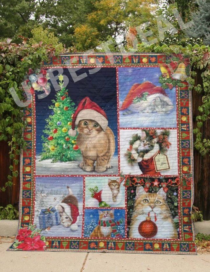 Cat Adorable Lovely Kitten Christmas Tree Quilt Blanket