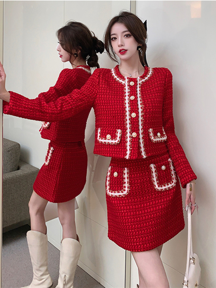 Autumn Winter Fashion Plaid Red Woolen Two Piece Set Women Pearls Single Breasted Fringed Tweed Jacket Coat + Pocket Mini Skirt alx