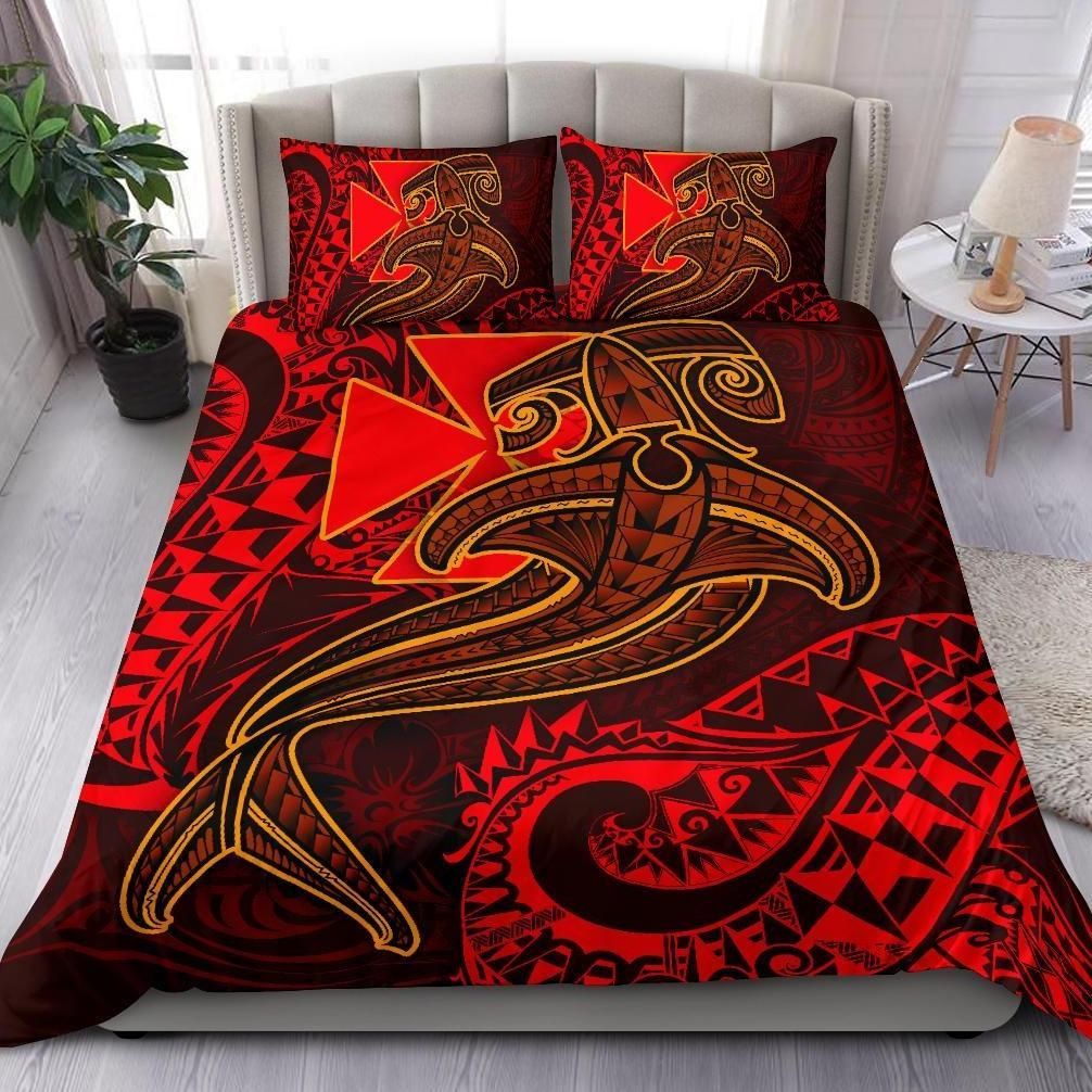 Alohawaii Bedding Set – Cover And Pillow Cases Wallis And Futuna  – Red Shark Polynesian Tattoo – Bn18