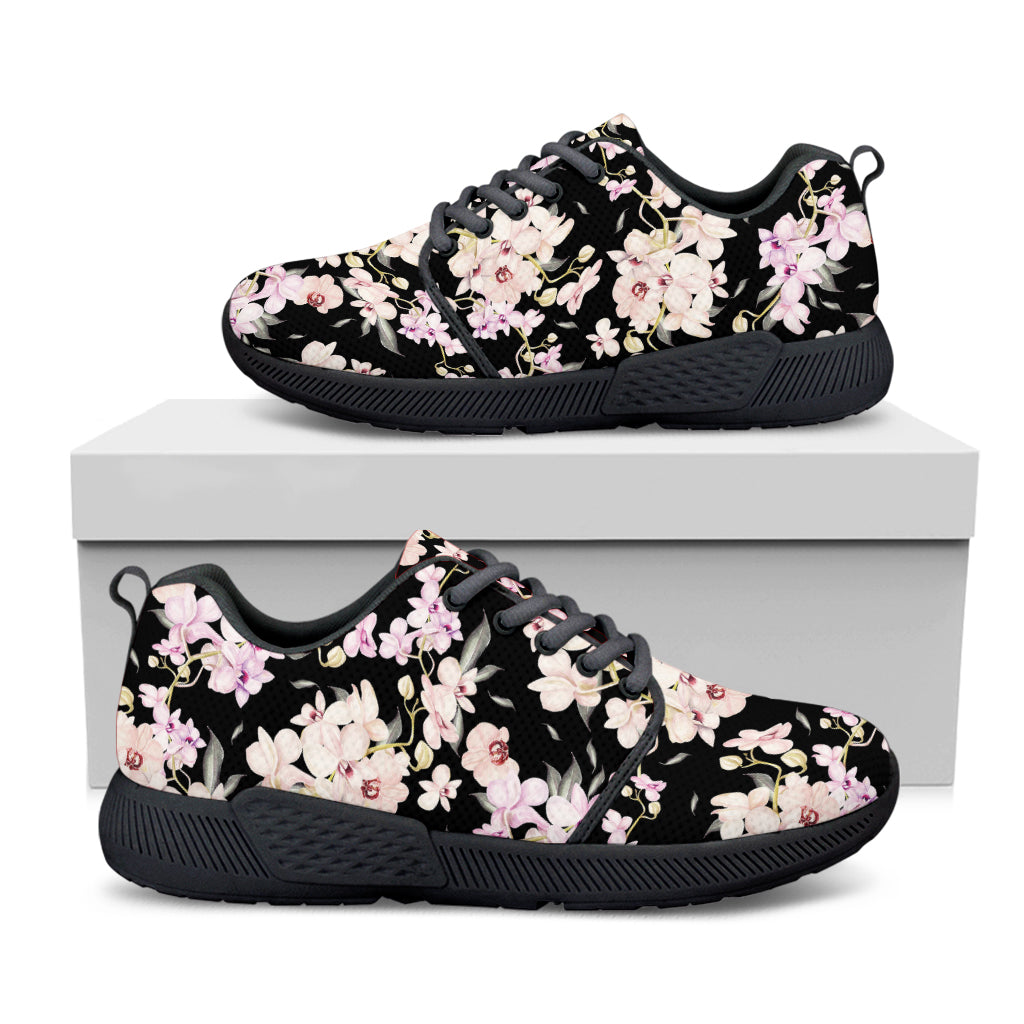 Watercolor Orchid Flower Pattern Print Black Athletic Shoes