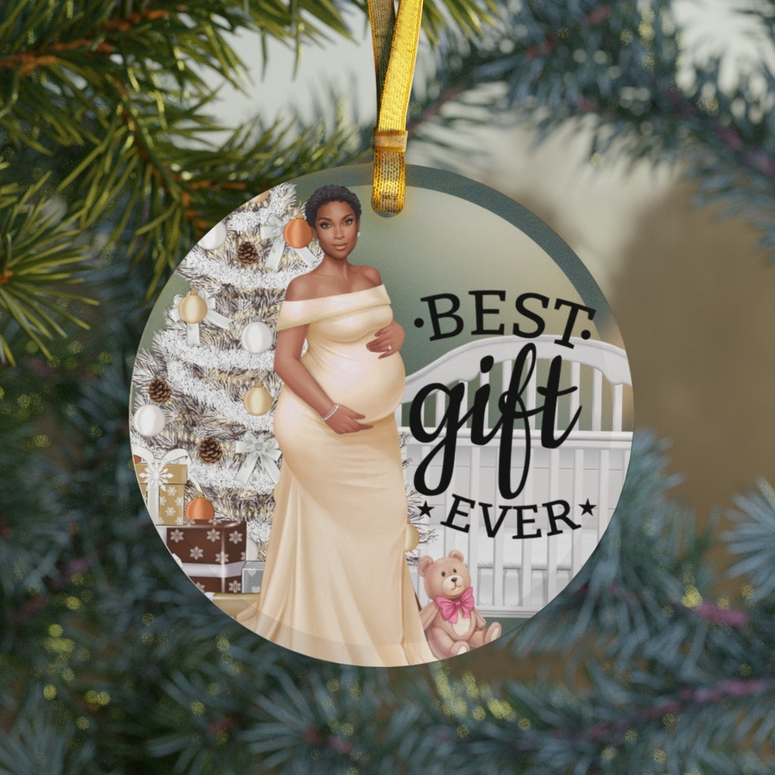 Pregnancy Black Girl Christmasblack Mompregnant Pregnancy Announcementblack Baby Showerbest Gift Ever Peach Christmas Ornament