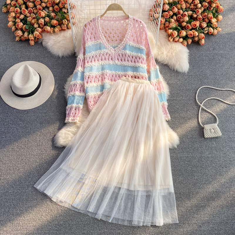 Spring Autumn Loose Lazy Knitted 2 Piece Set Women Striped Sweater Top + Mesh Skirts Sets Korean Fashion Casual Two Piece Suits alx