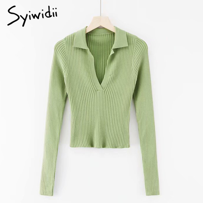 Syiwidii Vintage Cropped Sweater for Women 2021 Autumn Winter Sexy Shirts Streetwear Ribbed Jumpers Slim Knit Cropped Pullover alx