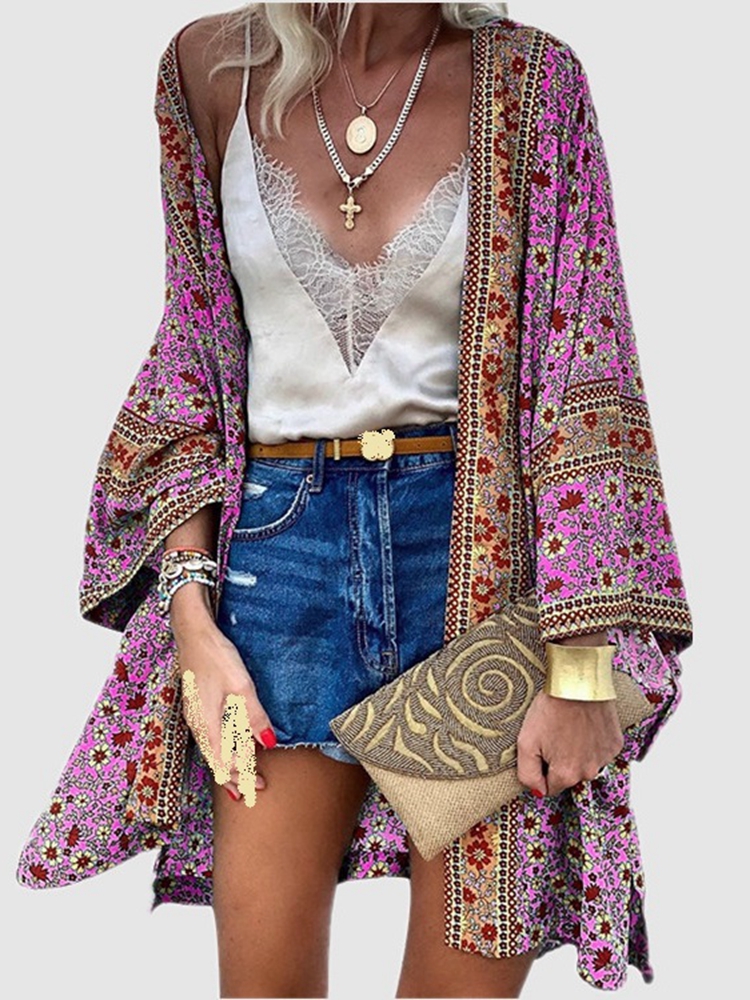 Summer Cardigan Women Bohemian Floral Printed Blouse Open Front Kimono Casual Loose Beach Tops Vintage Long Sleeve Blusas Mujer alx