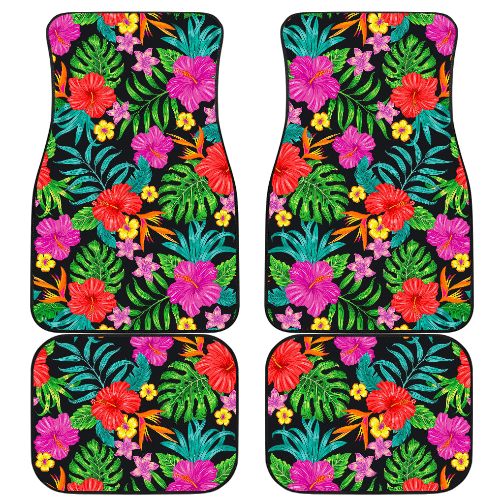 Colorful Hibiscus Flowers Pattern Print Front And Back Car Floor Mats, Front Car Mat