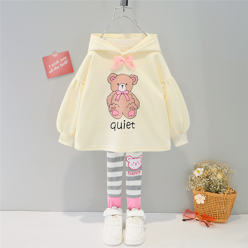 2021 Spring Autumn Baby Girls Clothing Sets Children Cartoon Bear Kids Hooded Sweater Stripe Pants Infant Casual Sportswear alx