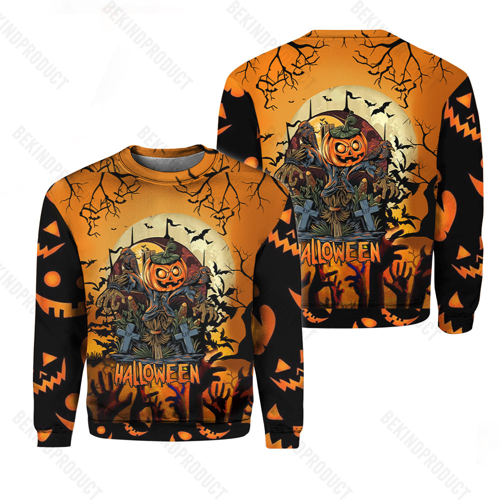 Scary Pumpkin On Halloween Day Orange Crewneck Sweatshirt All Over Print Sweatshirt For Women Sweatshirt For Men Swn1039