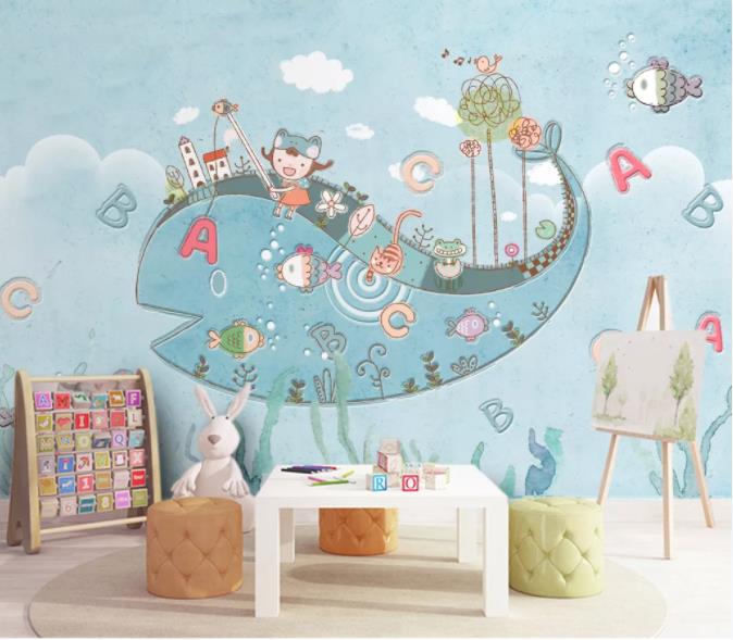 3D Cartoon Whale Letter Wall Mural Wallpaper 9