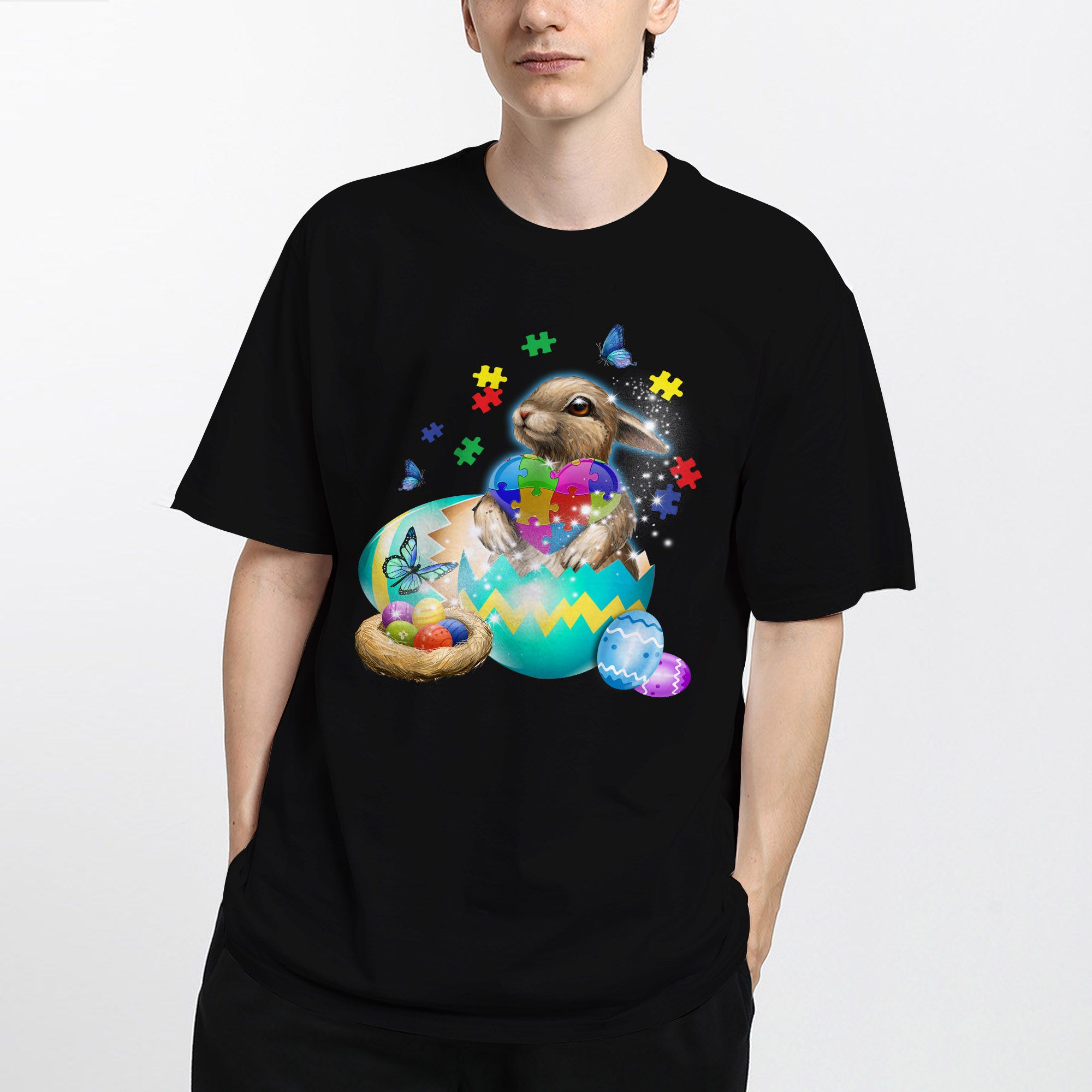 Autism Rabbit Black 2D Shirt For Autism Supporters On Easter Day