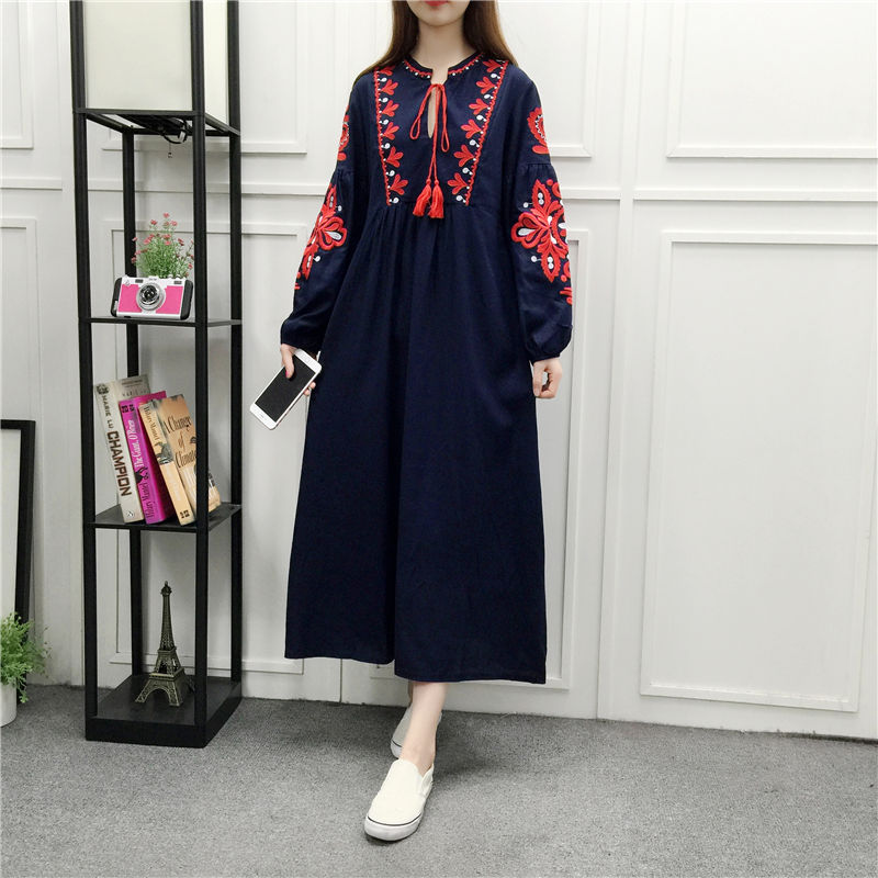 Boho Queens Women Floral Emberoidery Beach Bohemian Maxi Dresses Ladies O-neck Lantern Sleeve Summer Dress Vestidos alx