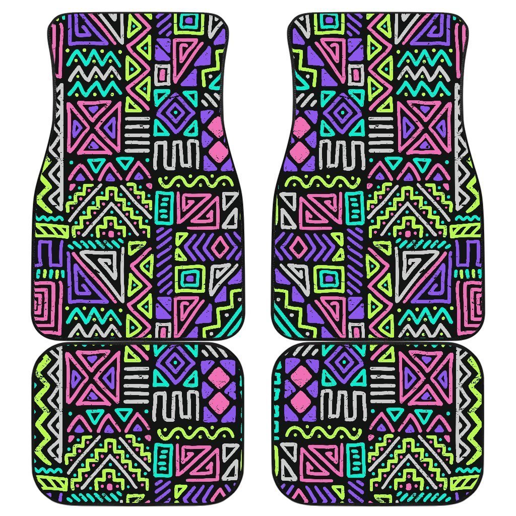 Neon Native Aztec Pattern Print Front And Back Car Floor Mats, Front Car Mat